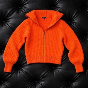 Ann Taylor Red-Orange Ribbed Zip-Up Cowl Collar Sweater